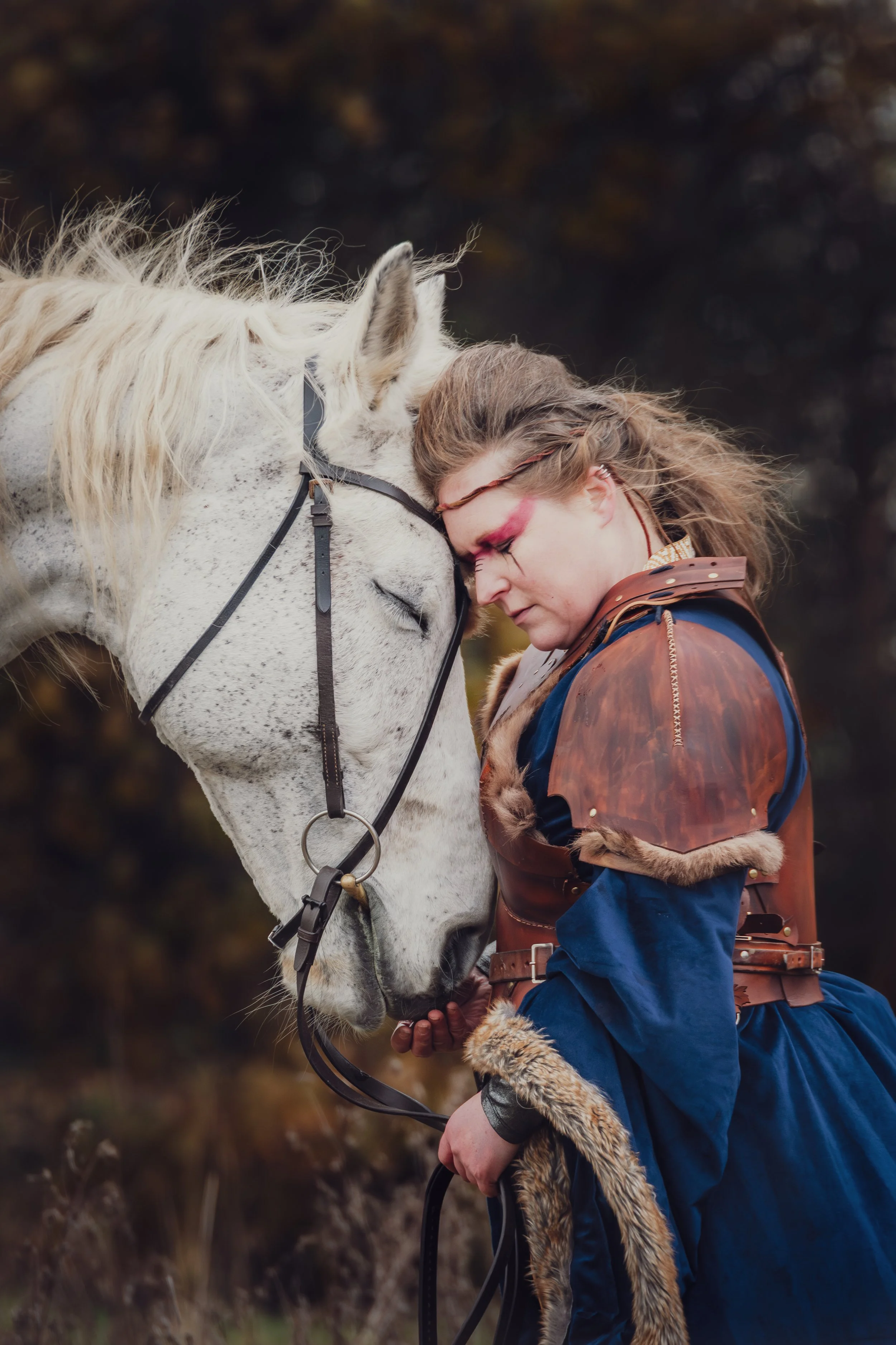 archery warrior woman with grey horse