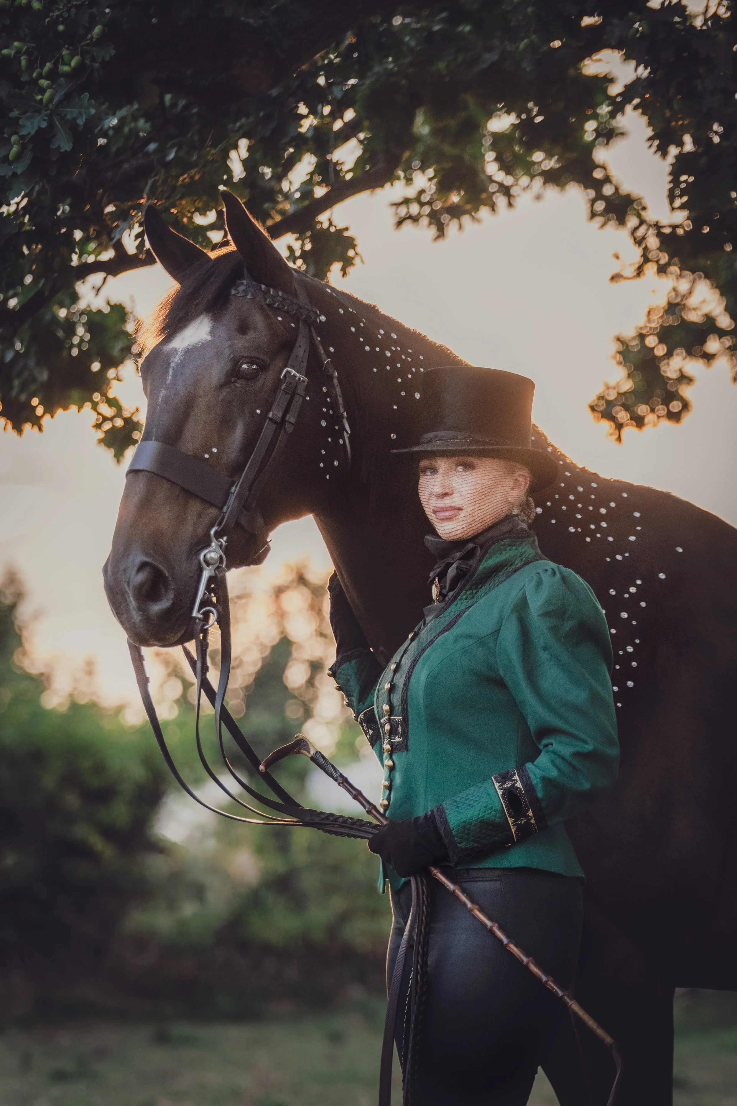 old money equestrian photograph with dark bay horse green jacket and top hat