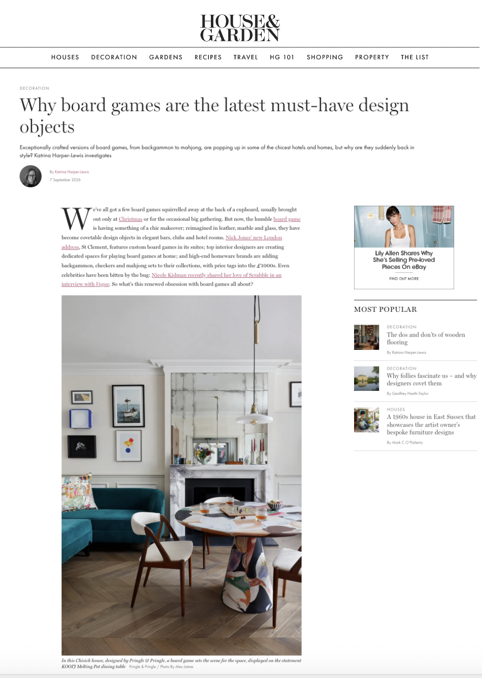Pringle & Pringle project features in article entitled "why board games are the latest must-have design objects". Features expert quotes from Sophie Pringle