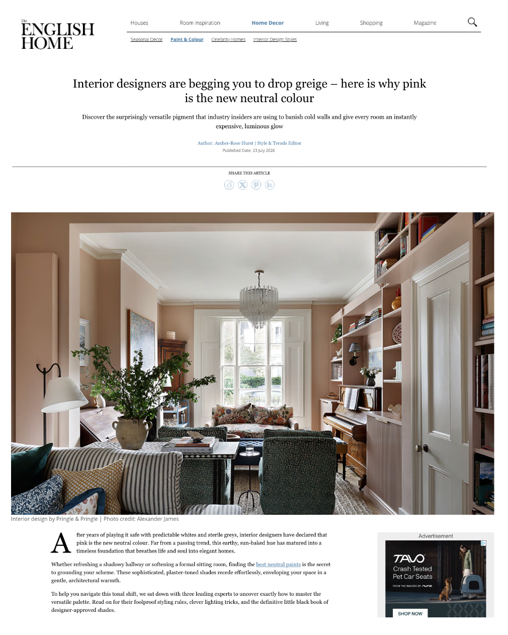 Pringle & Pringle feature in article about how pink is now a neutral. Features a pink sitting room designed by Sophie Pringle