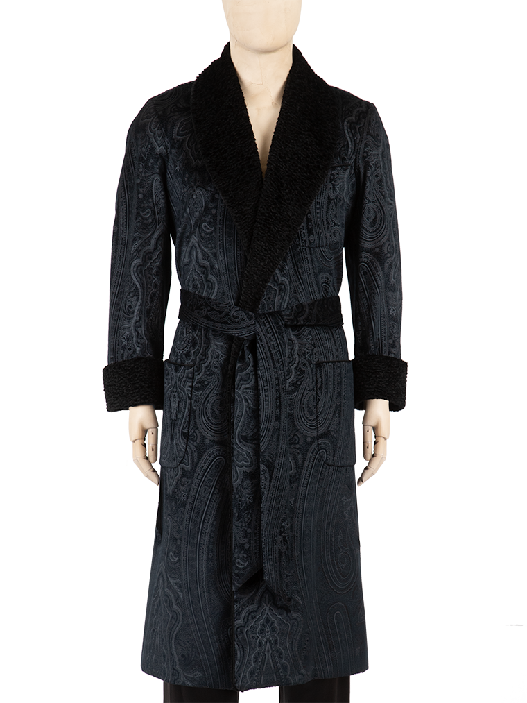 Midnight Paisley Velvet Dressing Gown Smoking Robe With Astrakhan Contrasts  by Daniel Hanson  Daniel Hanson