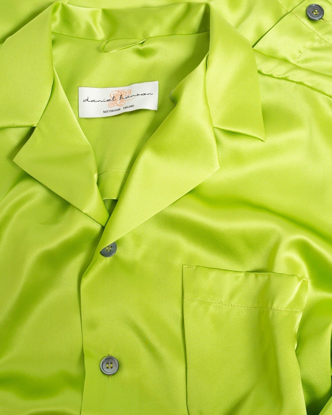 Hyper colourful new designs inspired by Nicholas Hanson&rsquo;s artisanal creations are perfect for keeping some sunshine close during the darker seasons. 

Our lime green pure silk satin pyjamas are a statement set in a refreshing and bold hue. Cut 