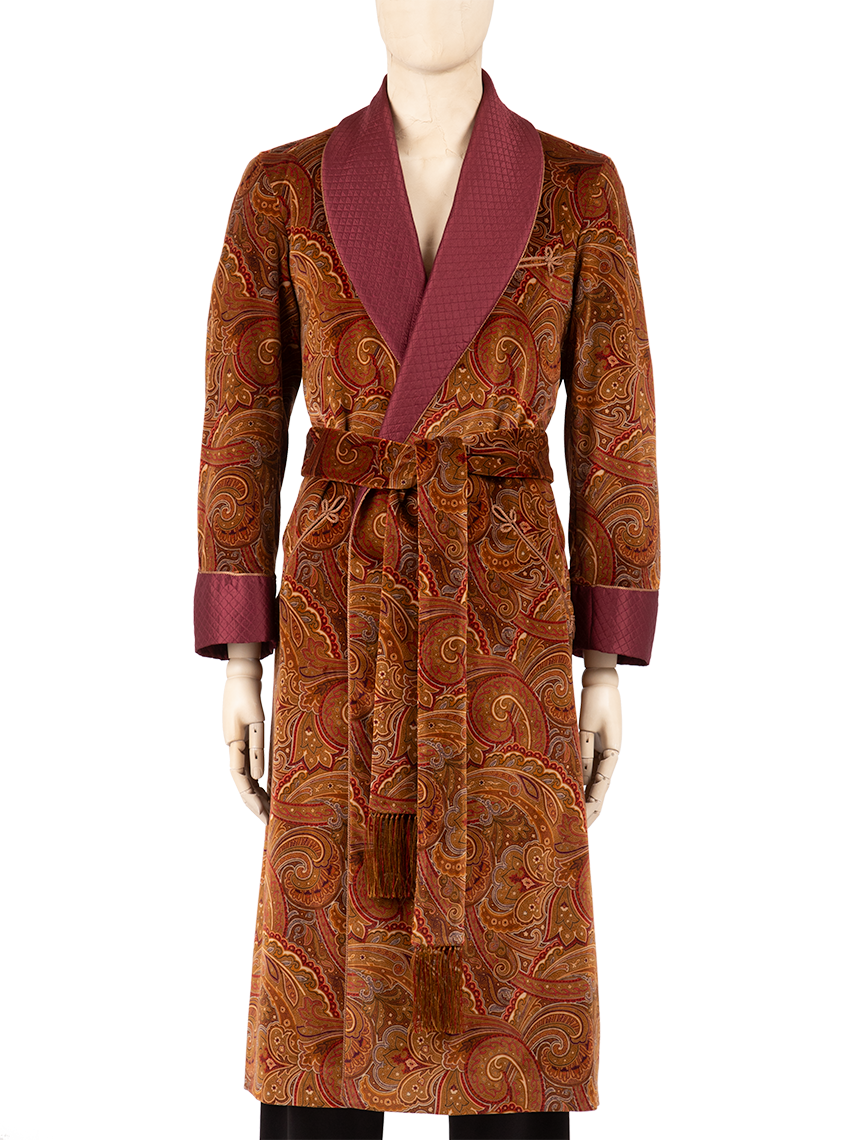 Burnt Orange Paisley Printed Italian Velvet Dressing Gown Robe - Main Image