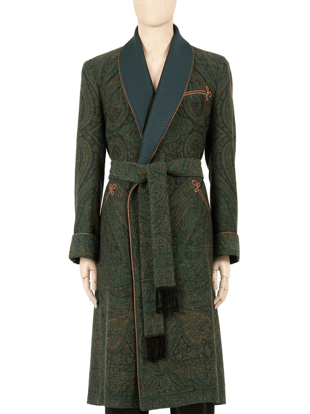 forest green dressing gown Paisley Wool Jacquard Fully Silk Lined Handmade by Daniel Hanson — Daniel Hanson YGroup_karlie-strapless
