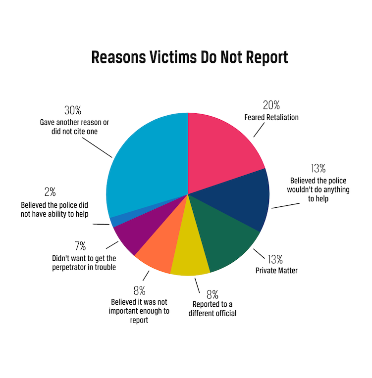 Pie chart showing the reasons people do not report. 20% fear retaliation. 13% believed the police would not help.  13% for private reasons. 8% reported to a different official. 8% believed it was not important to report, etc.