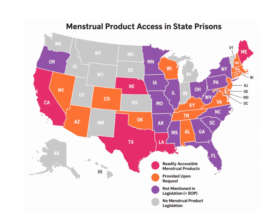 Map with states colored based on menstrual product access in state prisons