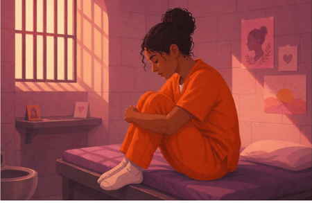 Female inmate sitting on bed in prison cell