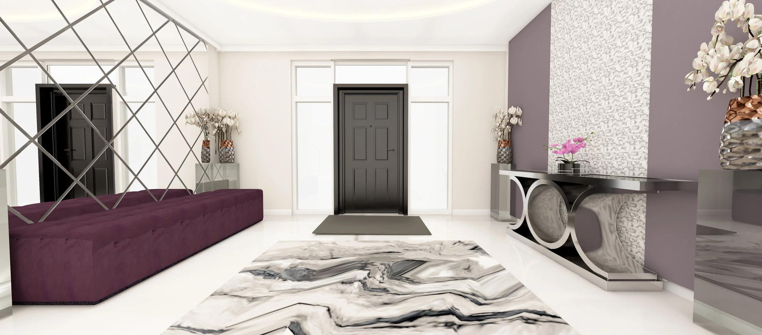 Modern entryway with a black front door, a marble-patterned rug, purple velvet ottoman, decorative vases with flowers, and a purple accent wall with textured white panels.