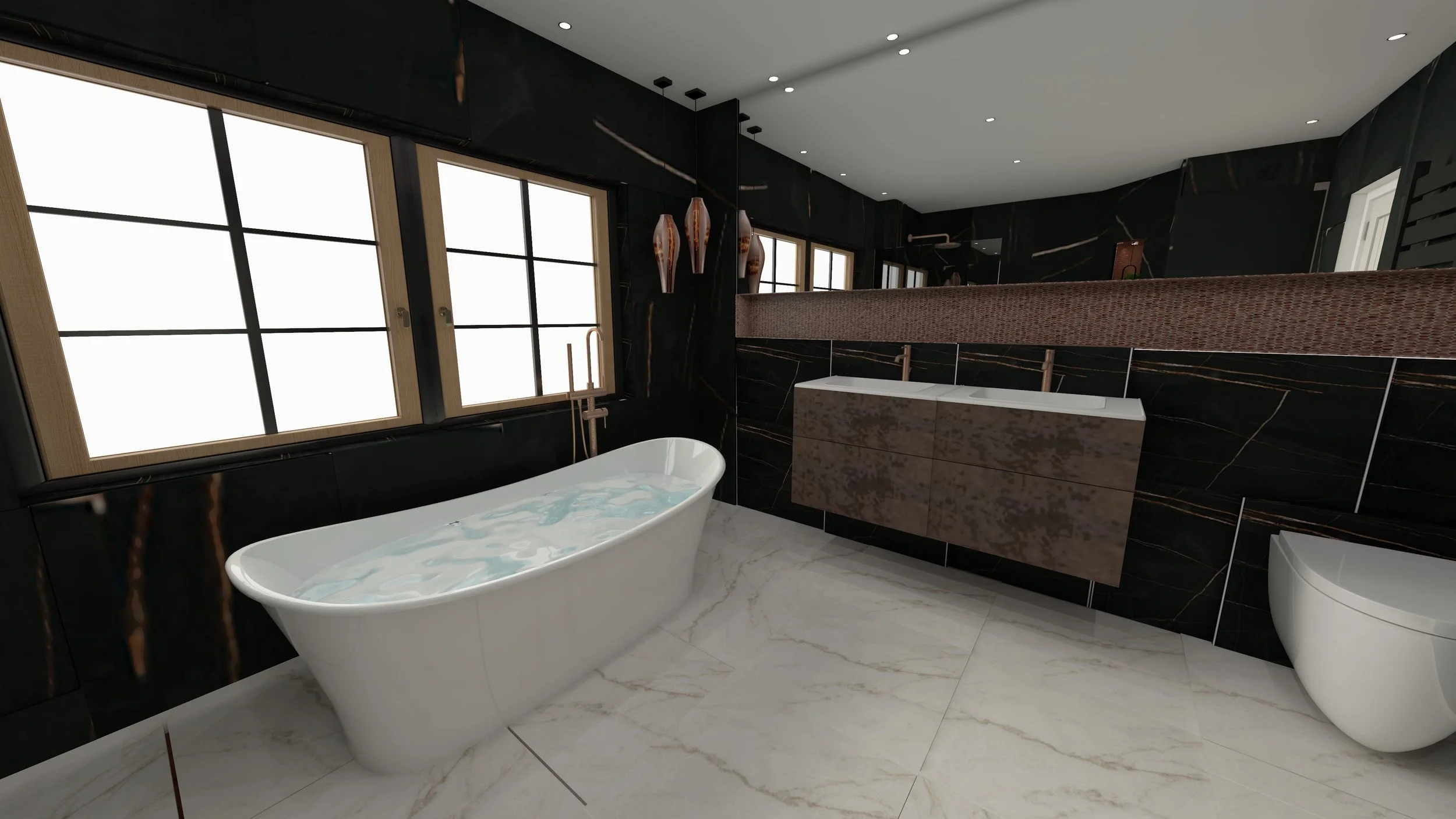 Modern bathroom with a freestanding bathtub, Puntotre Italian double vanity with copper bronze taps, marble tiled walls. Bathroom pendant lights create mood lighting.
