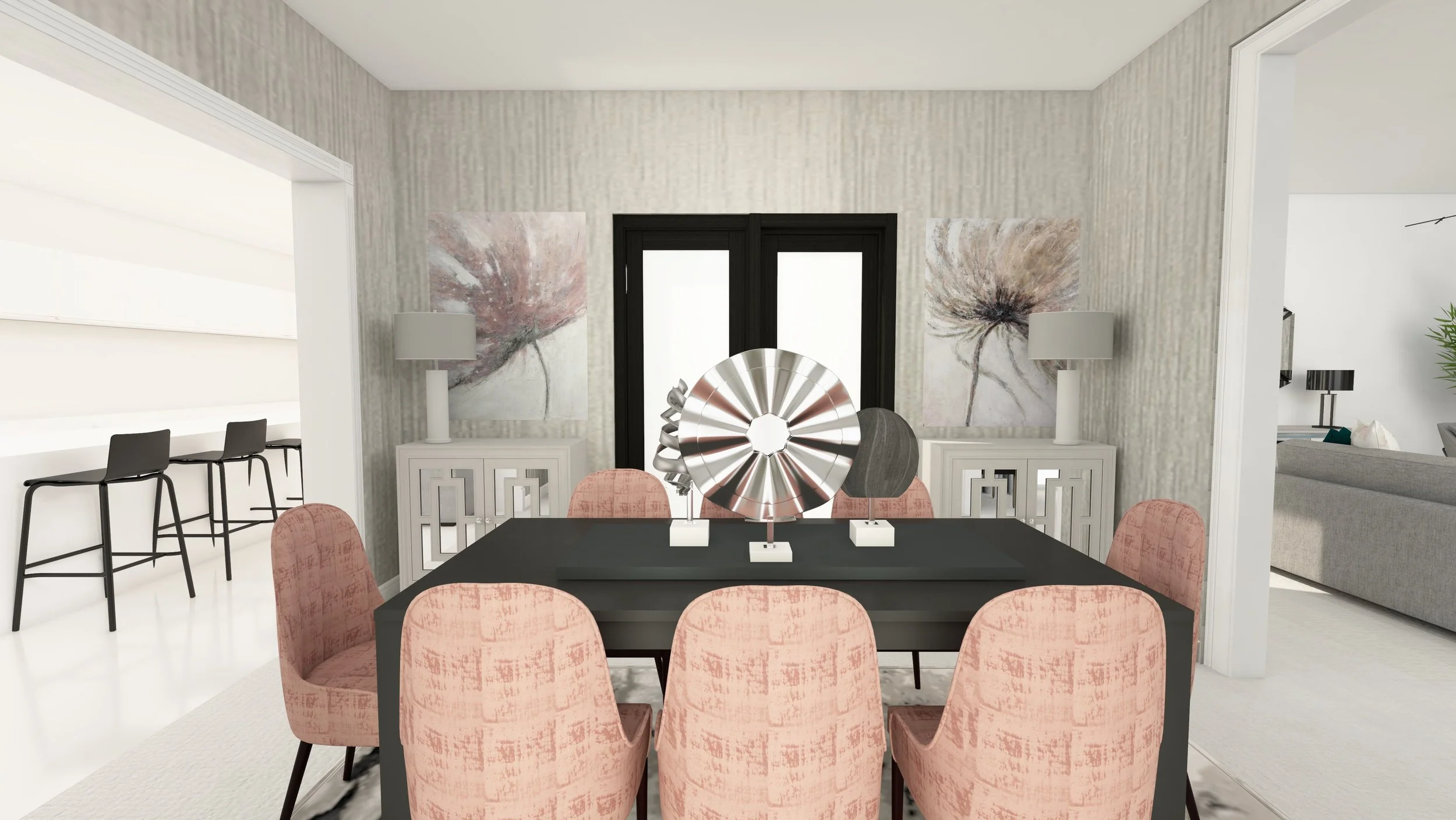 Dining room with dark oak dining table, six pink chairs, two white cabinets with lamps, abstract flower paintings, and decorative silver sculptures on the table.