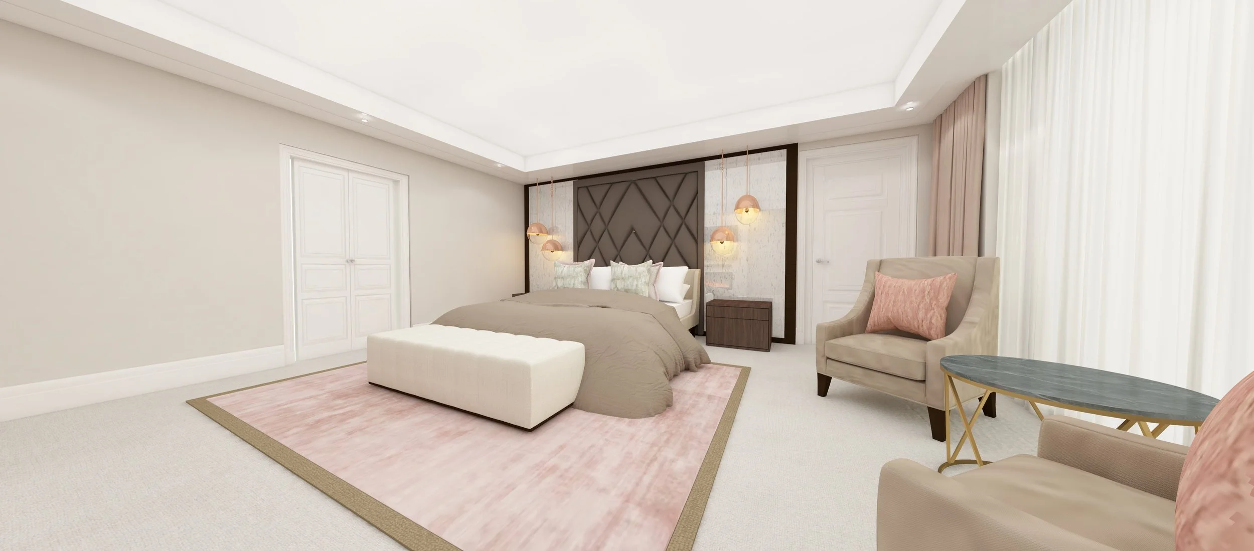 Modern bedroom with beige walls, large bed with beige and white bedding, pink pillows, pink and beige area rug, beige armchair, grey marble side table, and soft pink curtains.