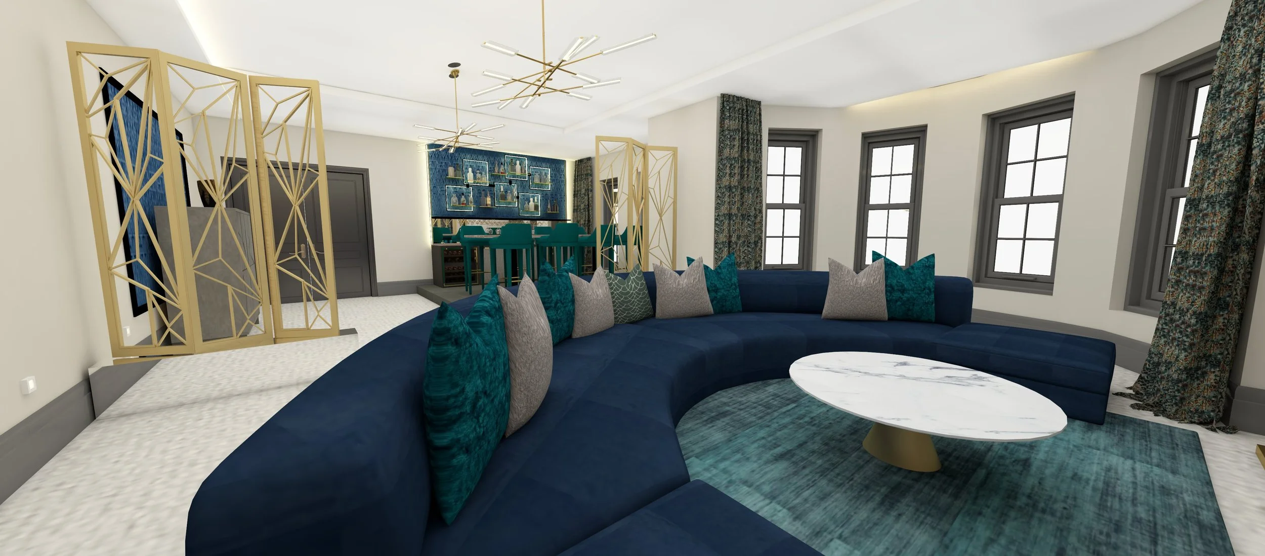 Modern living room cinema with a curved blue sofa, a home bar to entertain in, a white marble coffee table, large windows, and a bar area with teal chairs in the background.