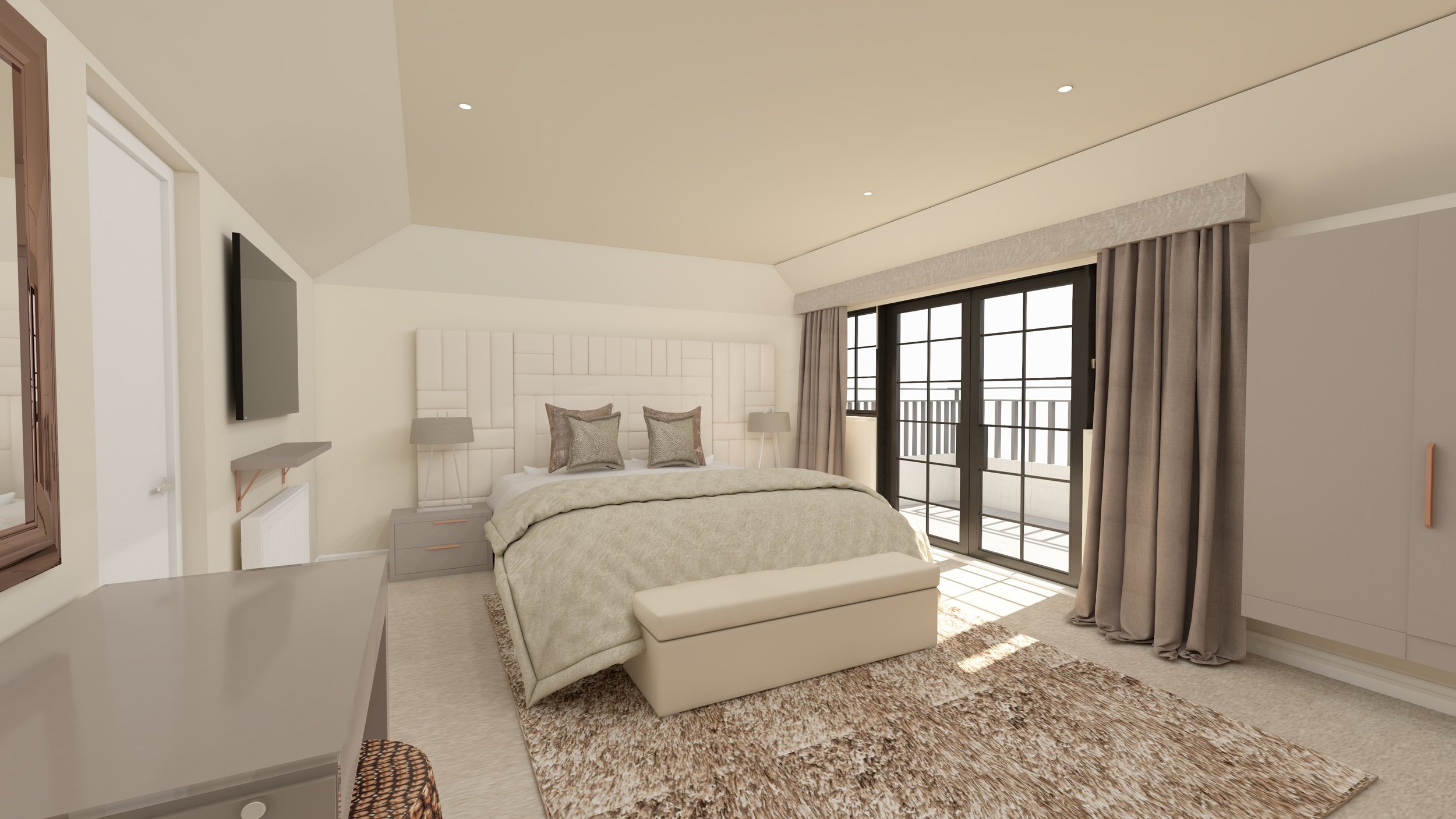 Bedroom with a large oversized headboard, two bedside tables with table lamps, interlined and blackout lined curtains.