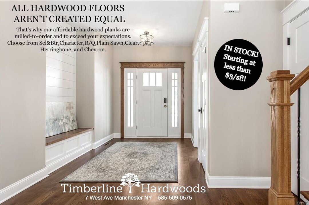 AWESOME deals on custom-milled hardwood flooring IN STOCK less than $3/sf!! These beautiful Timberline floors are Sel&amp;Btr Plain Sawn, many sizes and lengths in stock to choose from. We can ship wherever needed. Call us today! 585-509-0575 www.tim