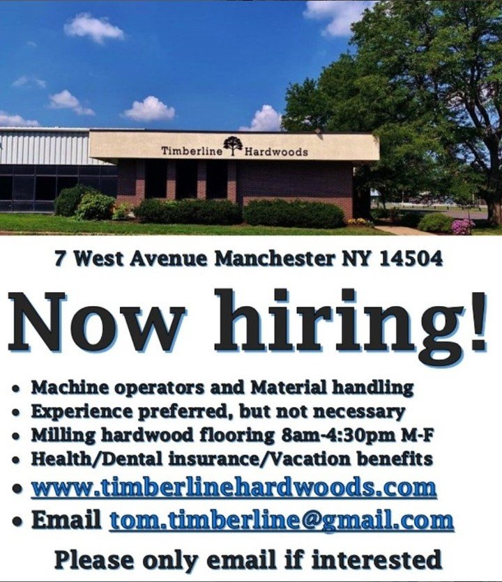 Immediate positions available! $17-$20/hr FULL TIME. 
Come join us mill some beautiful hardwood flooring and be a part of our family business! #timberlinehardwoods #manchesterny #hiring #job #work #manufacturing #hardwood #wood #nowhiring