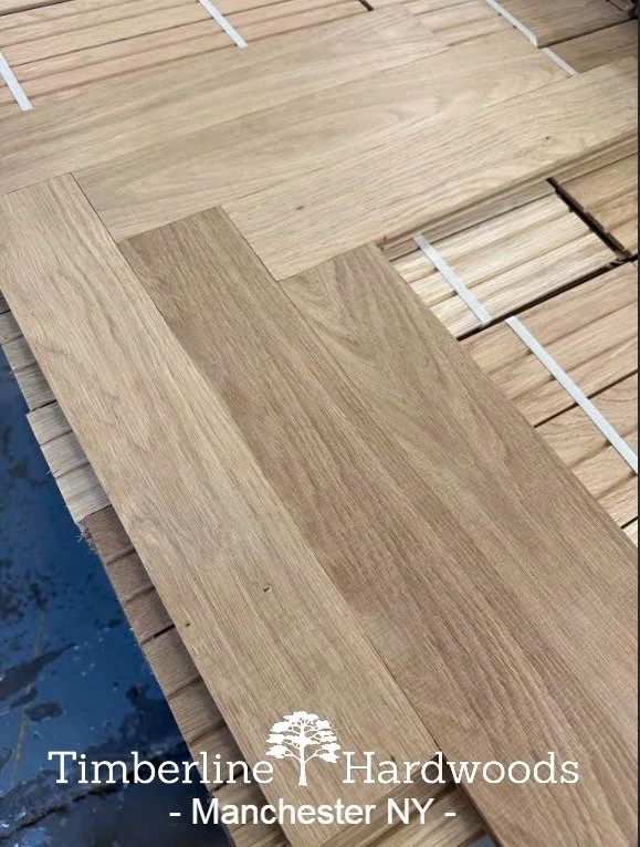 Timberline's beautiful 3-1/4&quot;x18&quot; Sel&amp;Btr Plain Sawn White Oak Herringbone! We can custom mill any size! Timeless beauty and makes a huge statement in any home, office, restaurant, etc. All lumber from USA and milled in Upstate NY. Emai