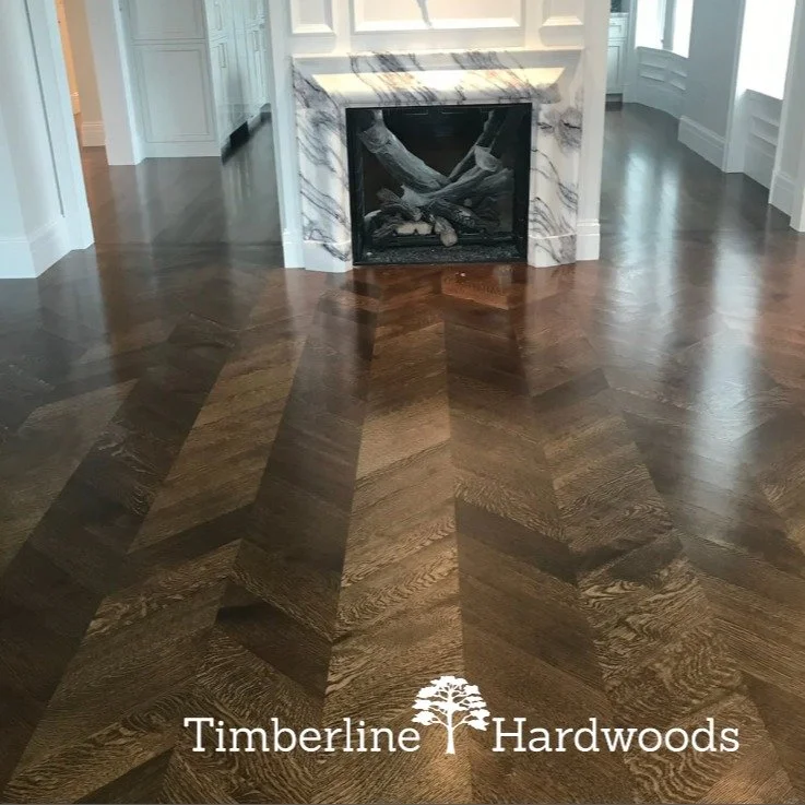 Timberline's beautiful oil stained Rift &amp; Qtrd CHEVRON white oak! @designwoodfloors did an amazing job! John is a master at his craft! We can custom mill any size chevron or herringbone needed. Let us mill your next house project! tom.timberline@