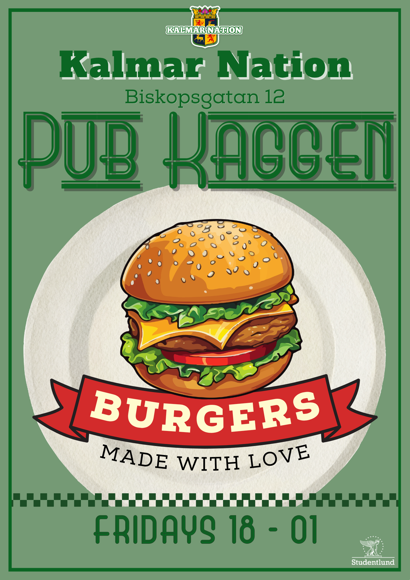  Puben Kaggen  

Fredagar 18 - 01    

Kaggen är Kalmar Nations fredagspub. Vi serverar alltid hemgjorda hamburgare med kött, vegetariska och vegan alternativ. Förmannen som håller i köket skapar också sin egen burgare varje vecka. Allt från choklad 