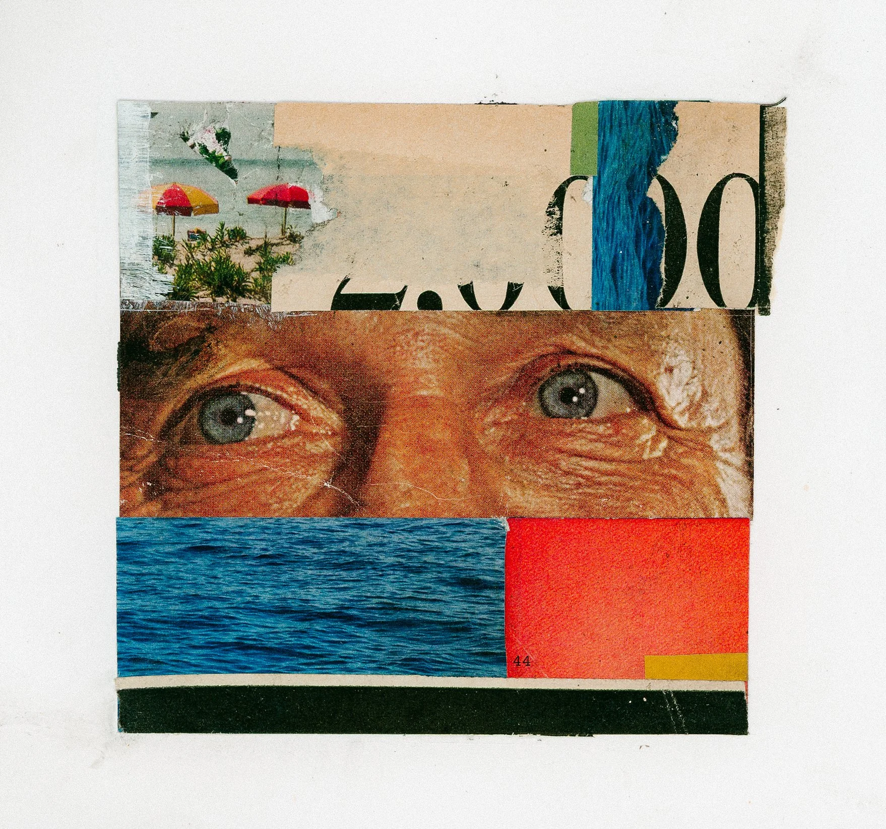 "Fear" 2026 Mixed Media Collage - Blue eyes sandwiched between the ocean and beach umbrellas. 