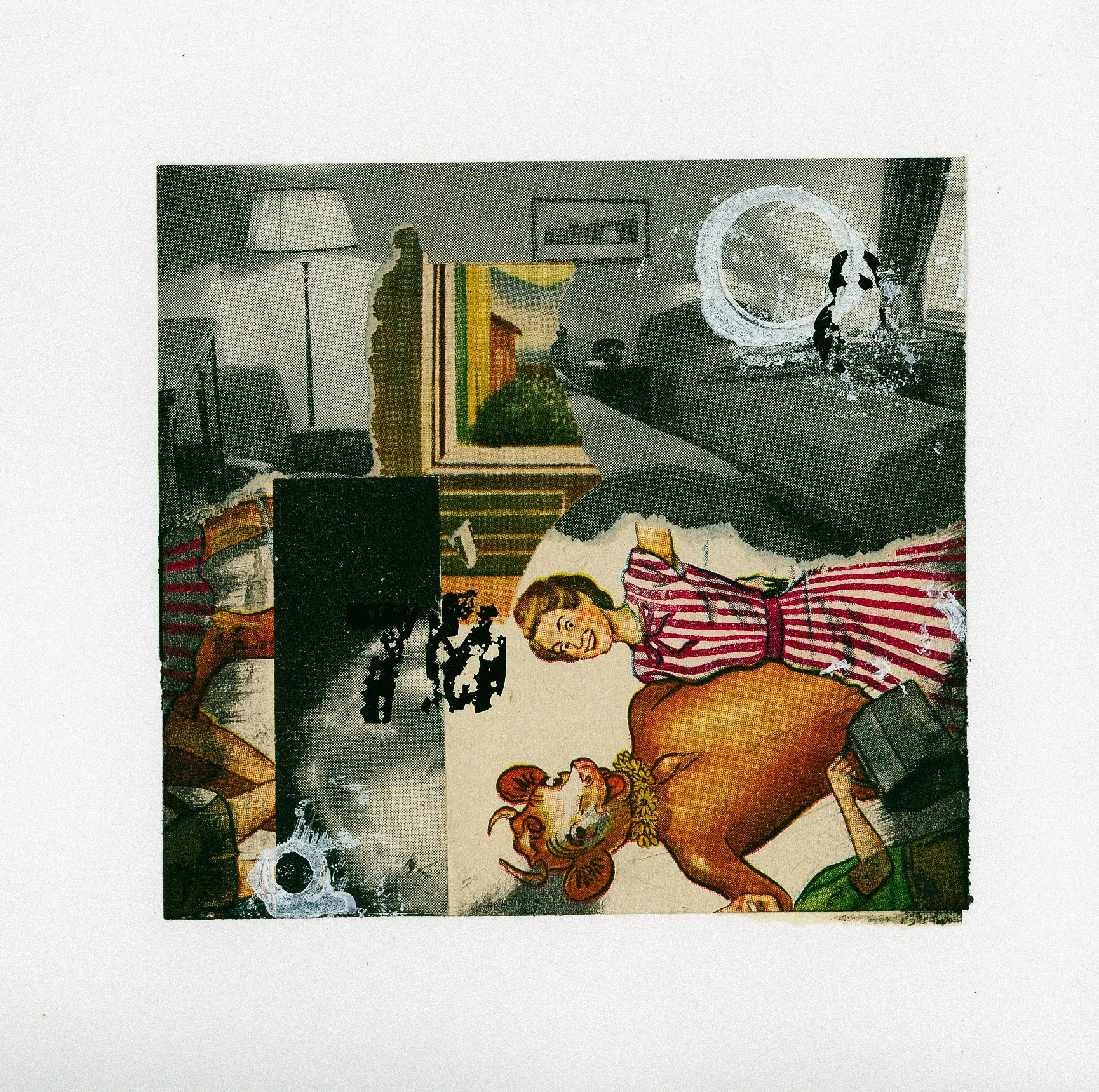 "Bovine" 2026 Mixed Media Collage - Vintage hotel room atop caricatures of a cow and woman dancing. 