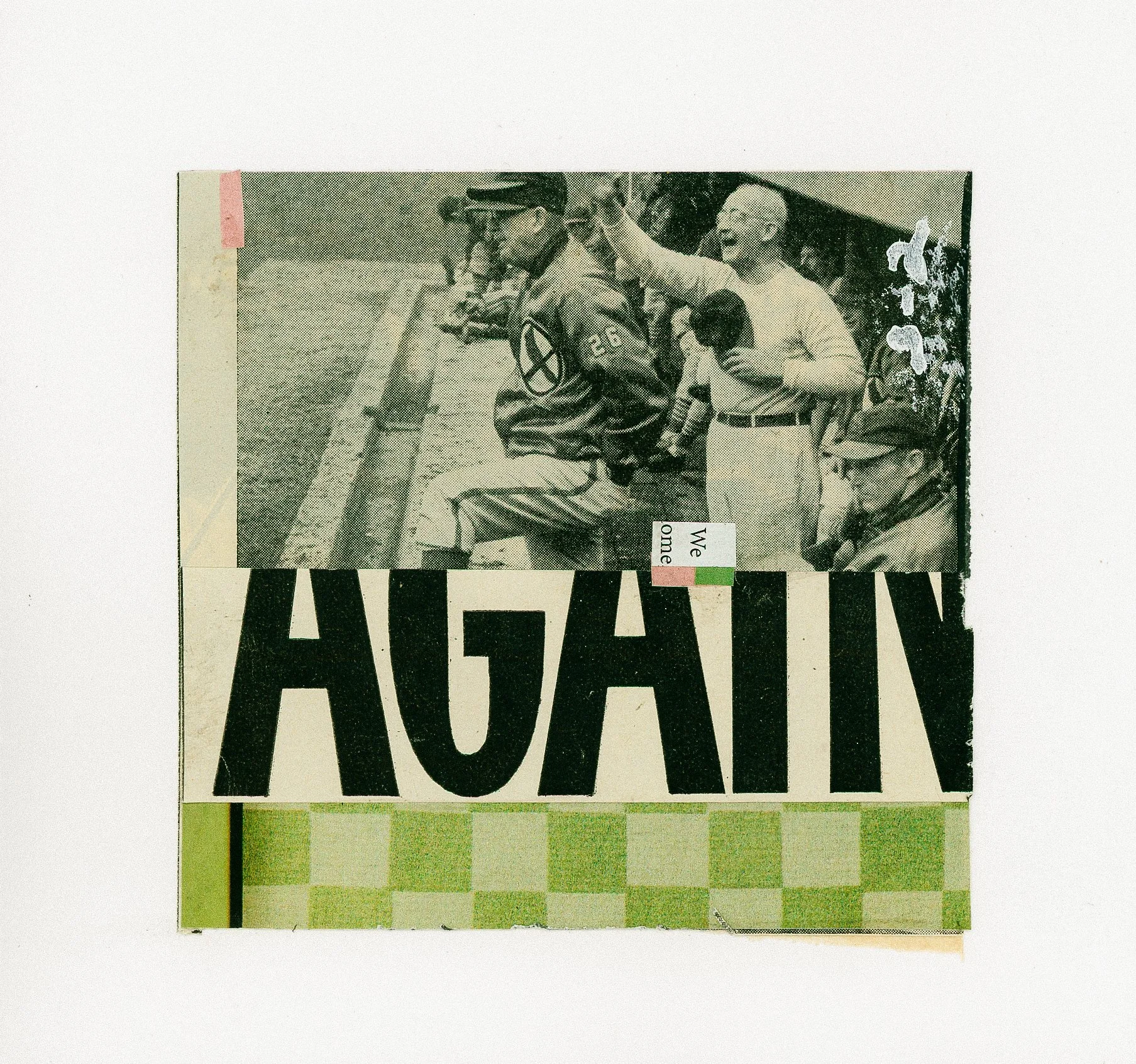 "Again", 2026 Mixed Media Collage - Vintage baseball photo cropped with green checkerboard pattern. 