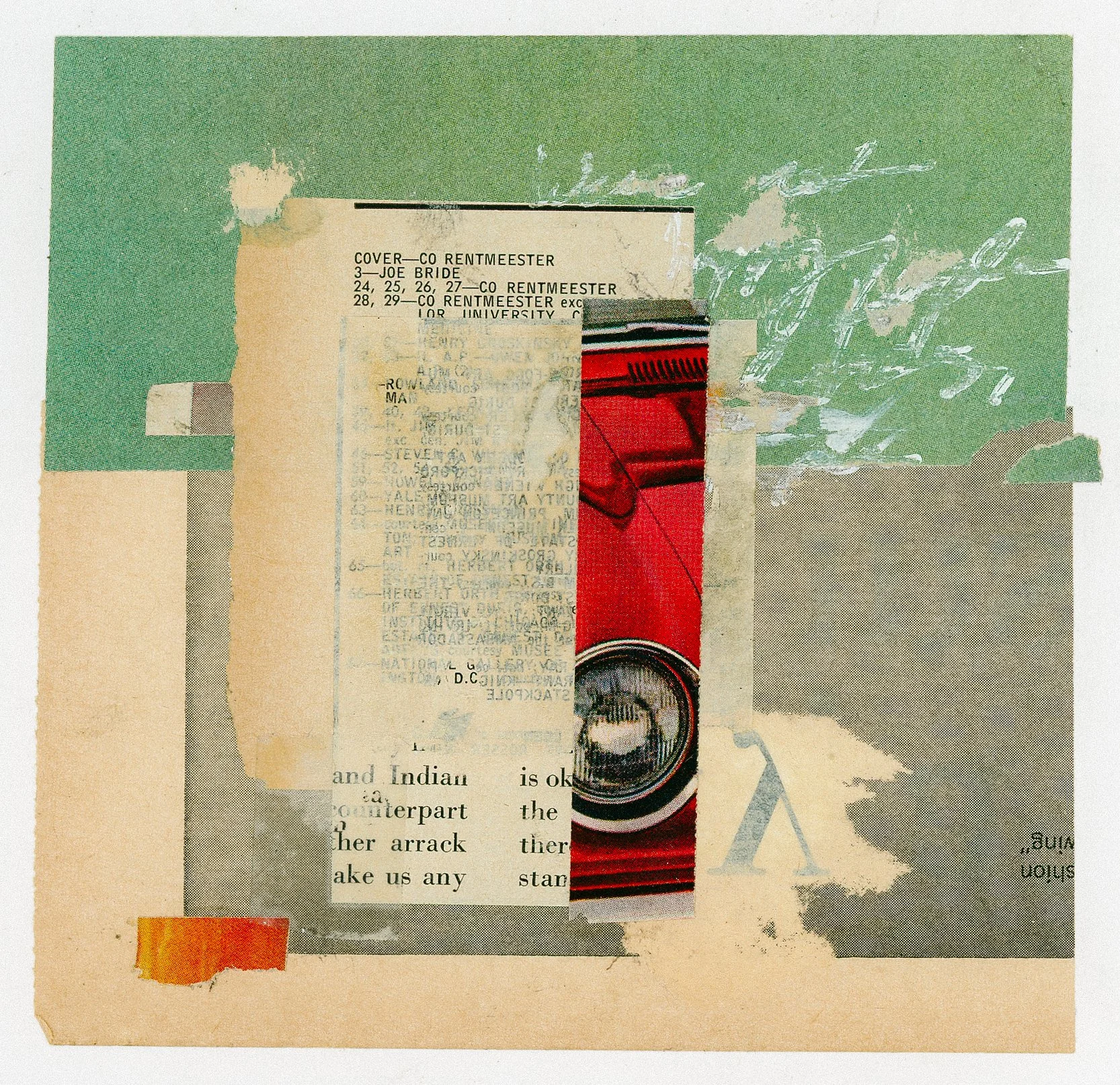 "One Headlight" 2026 Mixed Media Collage - vintage text and red car overlayed on layered text and paper. 