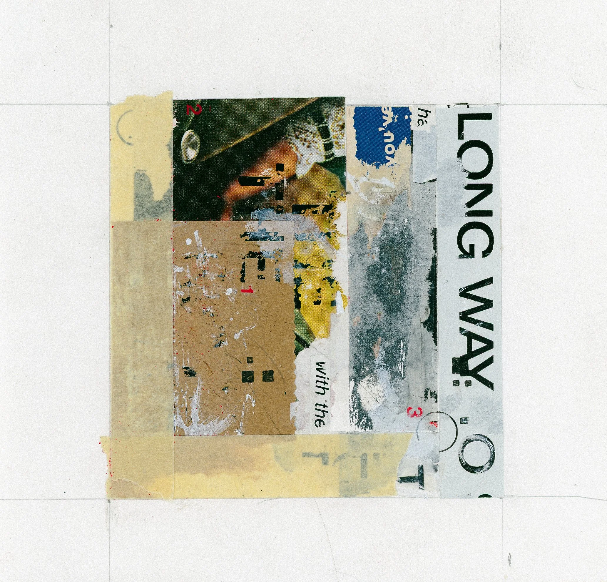 "Long Way" 2025 Mixed Media Collage - Abstract with text, tape and torn newspaper fragments. 