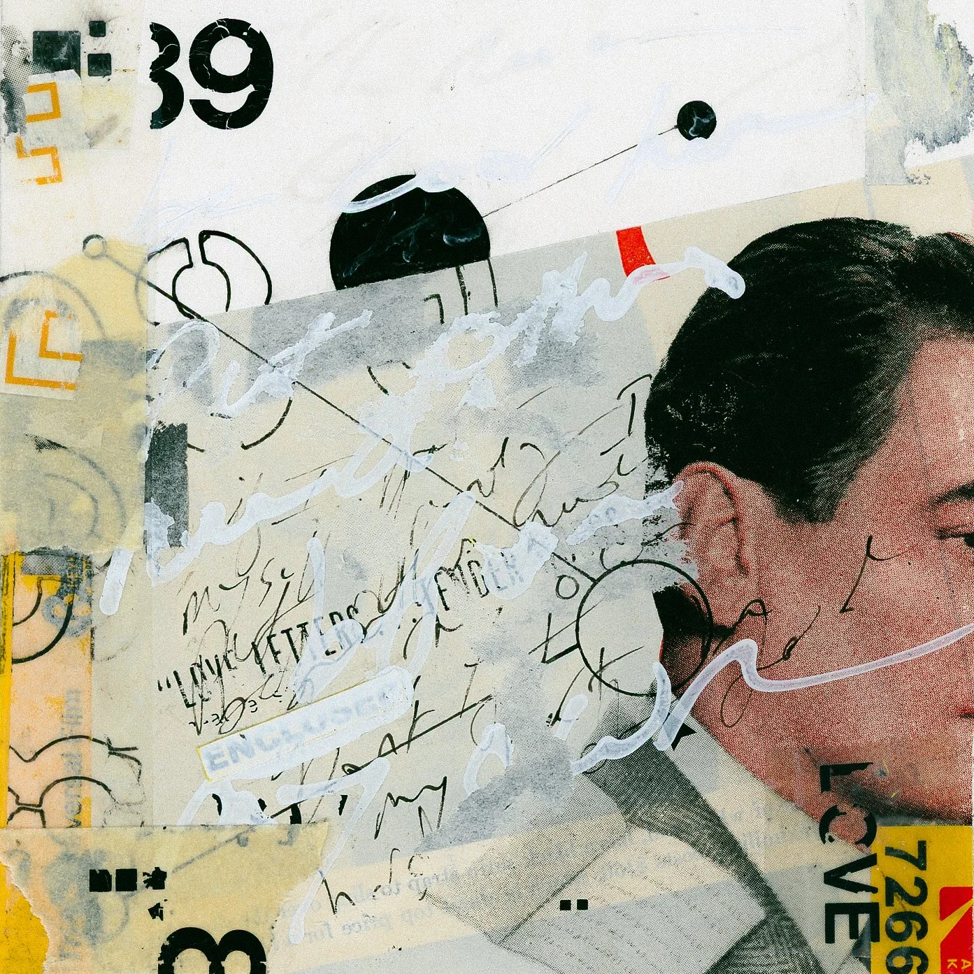 "Love" 2025 Mixed Media Collage - Scattered text over profile photo of a man. 
