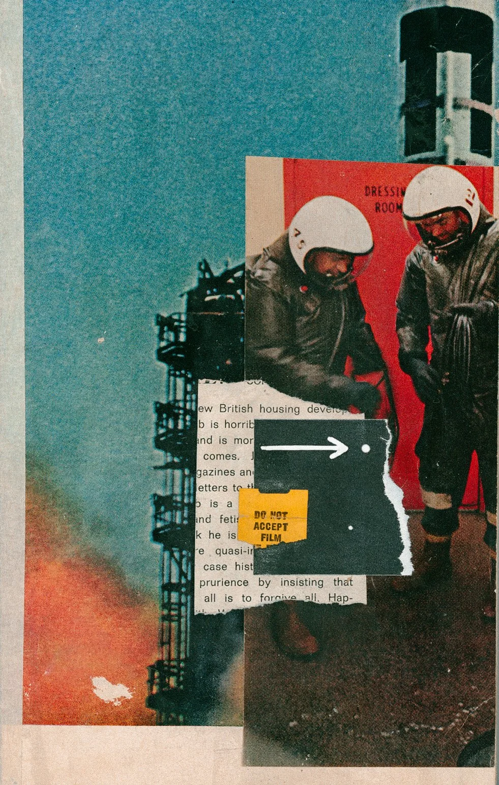 "Explore", 2026 Mixed Media - Two astronauts beside an rocket tower silhouette, a torn book page reading "Do Not Accept Film