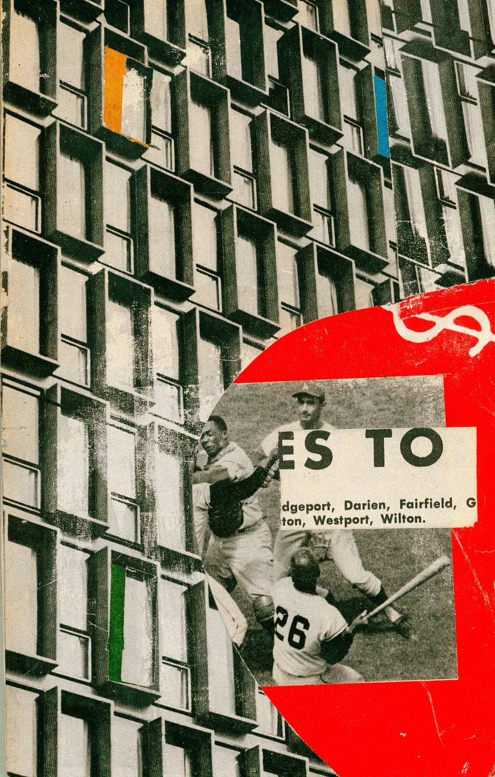 "Batter Up" 2026 Mixed Media Collage - Vintage high rise facade frames an old baseball photo from a magazine. 