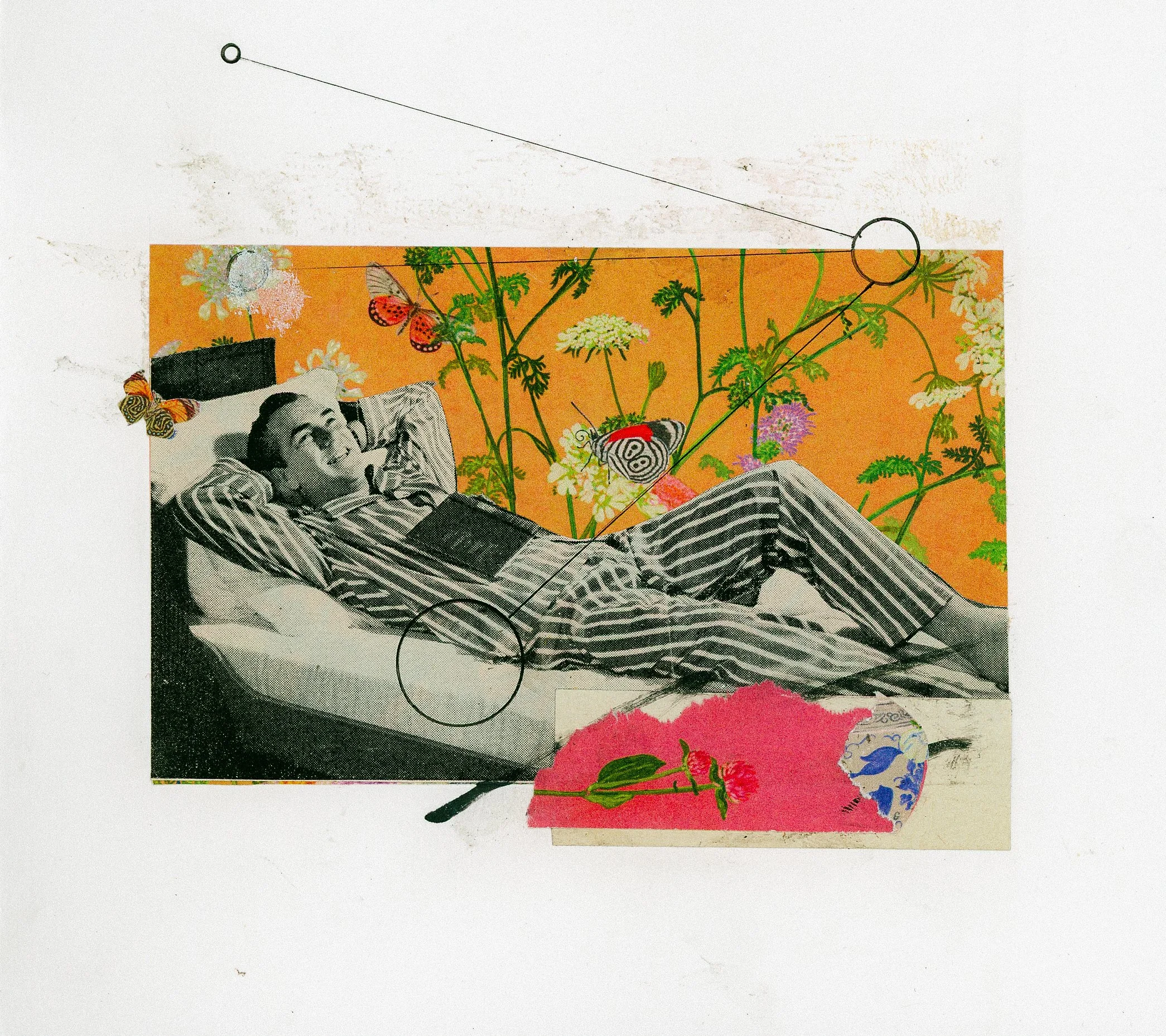 "Daydreamer" 2026 Mixed Media Collage - Man lounges on bed as butterflies flutter about an orange background. 