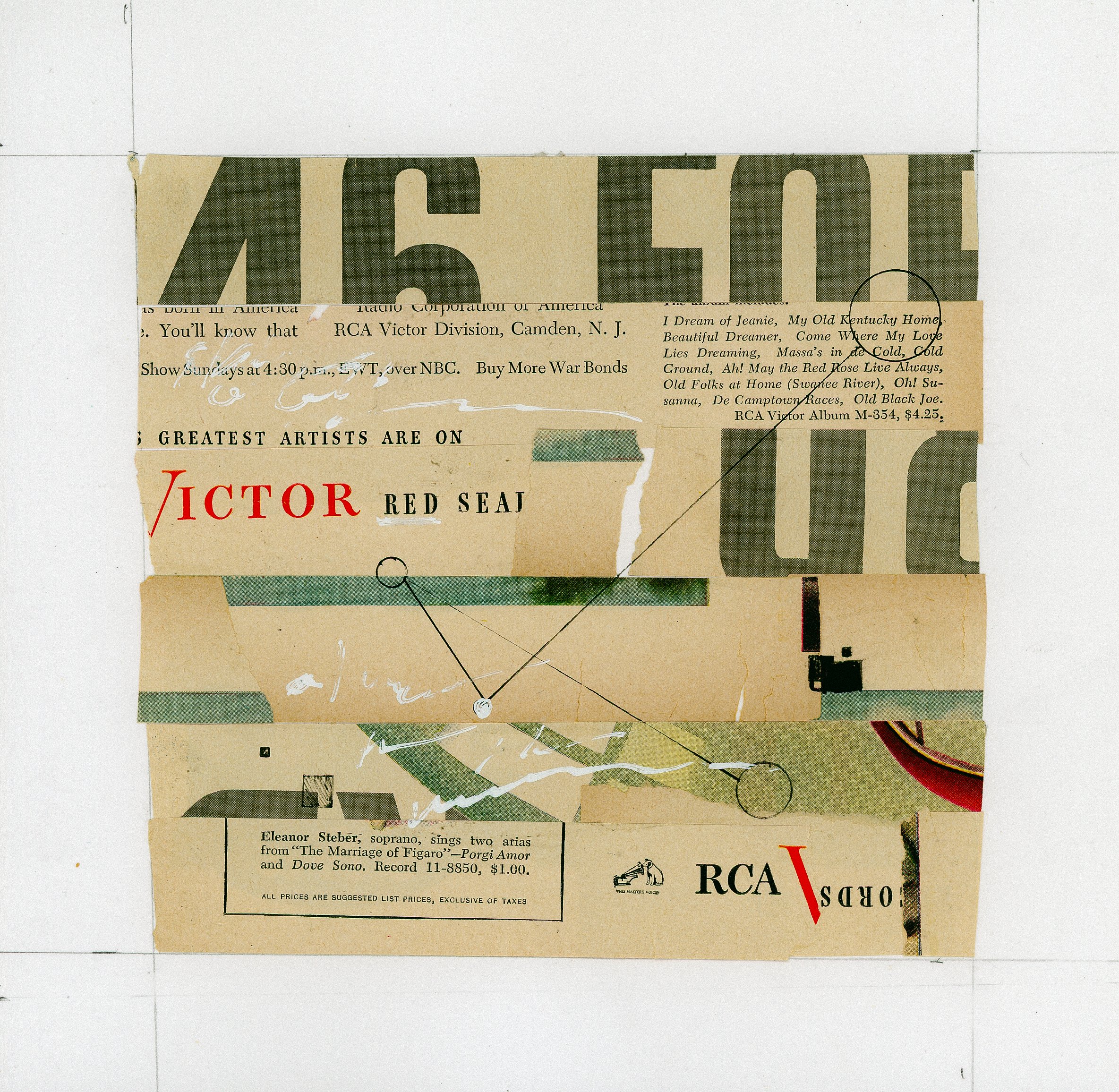 "Victor" 2025 Mixed Media Collage - strips of vintage RCA advertisement that's deconstructed and reassembled.  