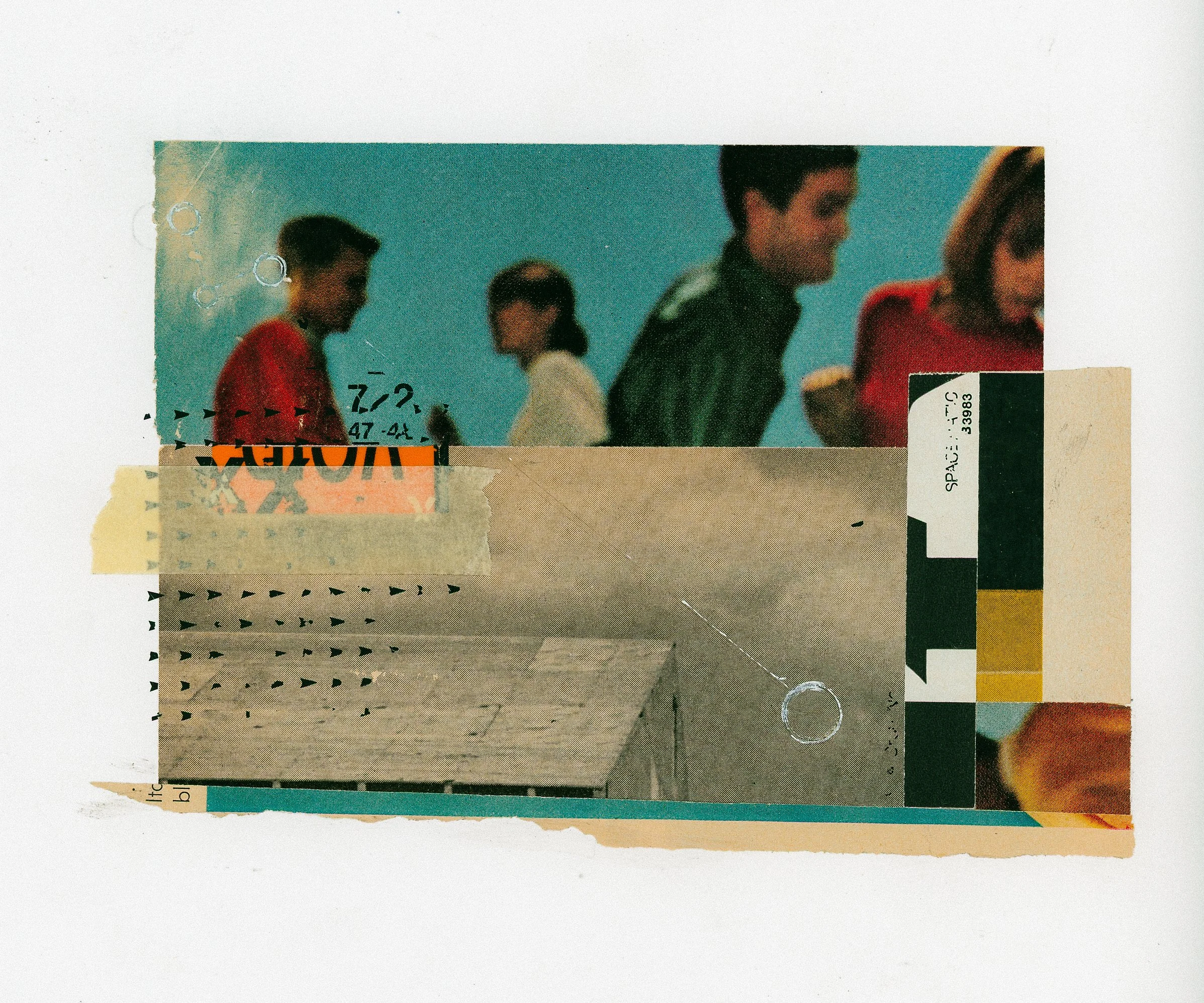 "Youths" 2024 Mixed Media Collage - Blurry Teens congregate with a black and white barn is pasted over corner. 