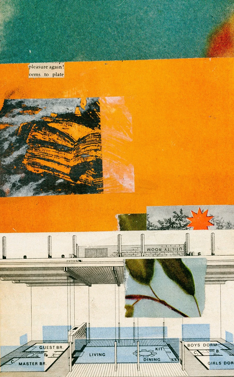 "Blueprint", 2026 Mixed Media Collage - Aqua and Orange atop blueprints for a mid century home. 