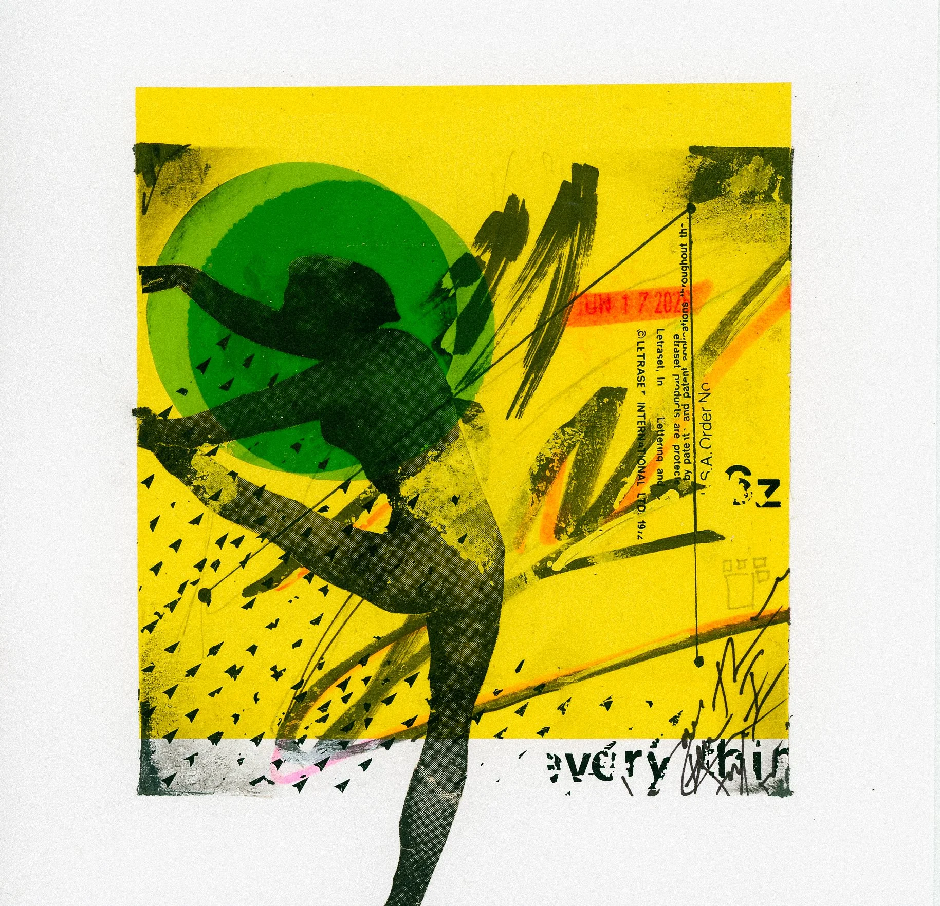 "Stretching Muse" 2026 Mixed Media Collage - nude woman stretches with scribbled text overlayed.  Framed is green halo and yellow box.