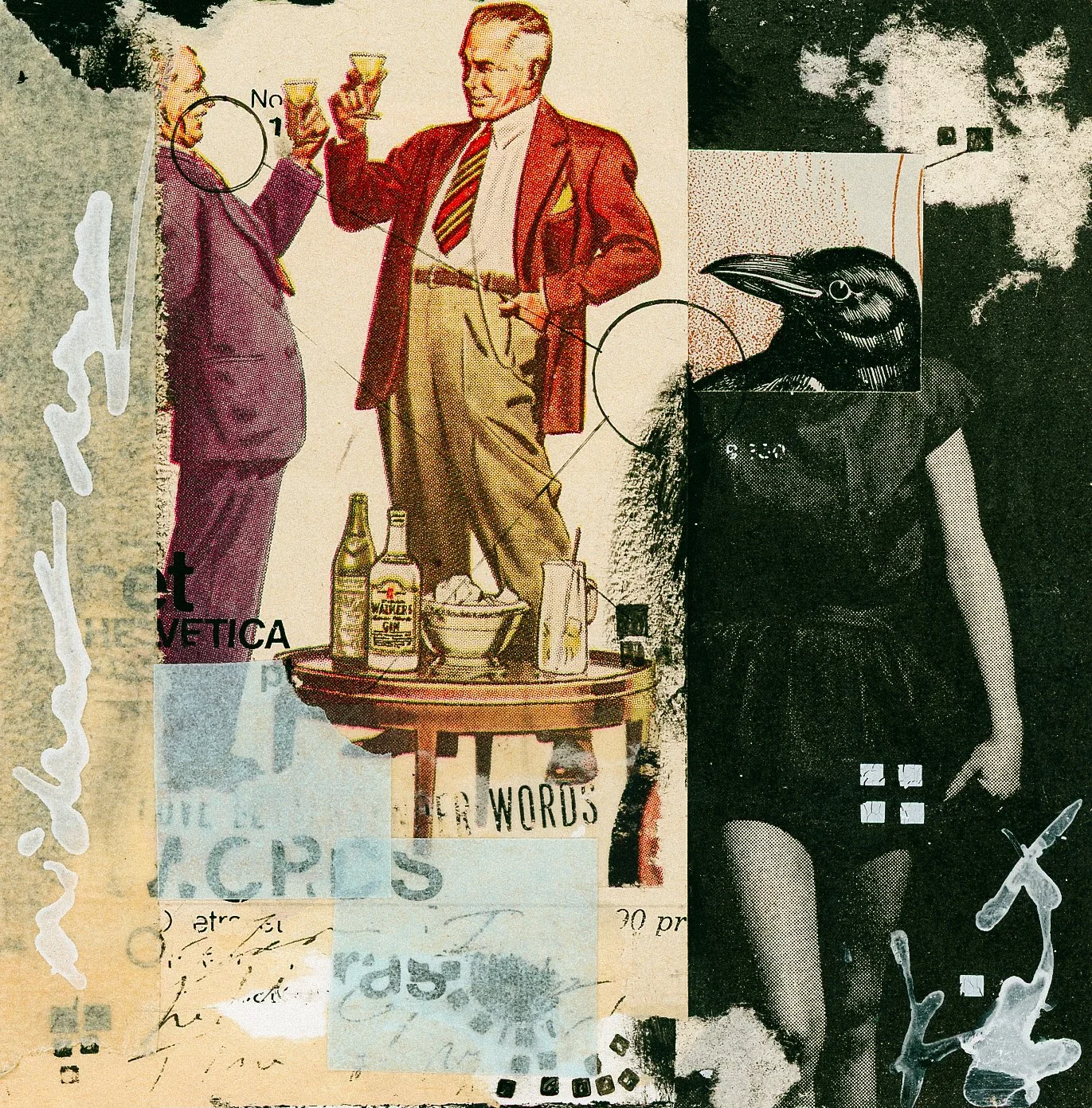 "The Crow" 2024 Mixed Media Collage - Two men toss as a woman with a birds head looks on. 
