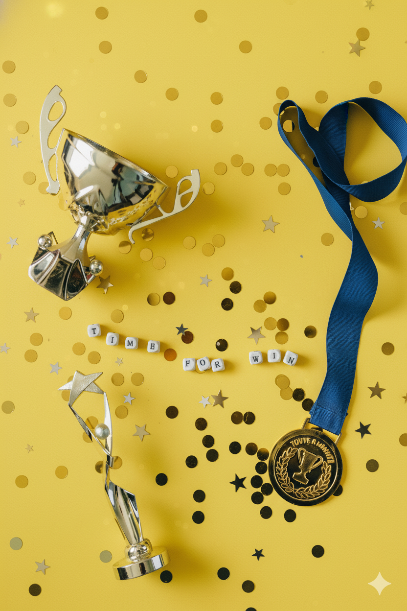 A yellow background with confetti and small trophies, a medal with a blue ribbon, and letter beads spelling 'TIMB FOR WIN'. Lima Charlie Inc. celebrates success in disaster housing and asset management solutions.