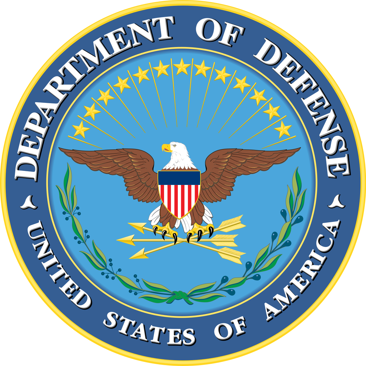 Department of Defense seal featuring an eagle with a shield. Lima Charlie Inc. offers housing solutions for military families affected by natural disasters.