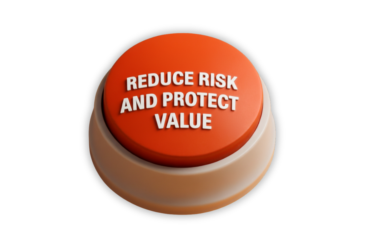 A red button with the text "REDUCE RISK AND PROTECT VALUE" written on it, symbolizing action to mitigate risk. Lima Charlie Inc. is dedicated to reducing risk and protecting property values through reliable housing solutions.