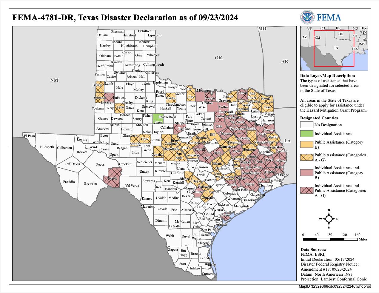 FEMA Texas map displaying areas of disaster declarations, with color-coded assistance types for various counties. Lima Charlie Inc. provides housing and recovery support in affected regions, partnering with FEMA for disaster response efforts.