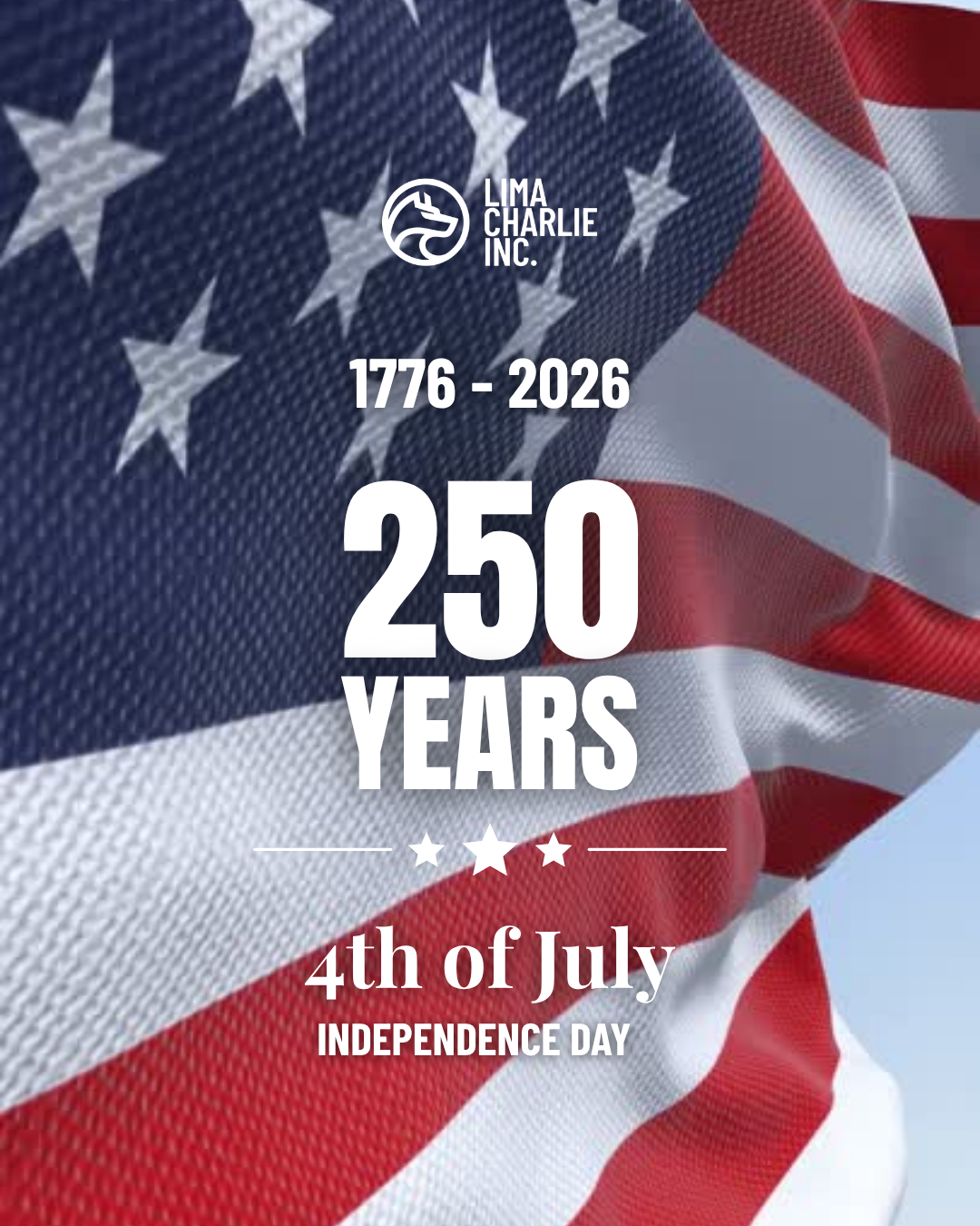 A branded graphic reading "1776 to 2026, 250 years" over a textured American flag background, marking Independence Day as Lima Charlie Inc. celebrates 250 years of American history this 4th of July.