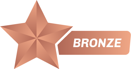 Close-up of a bronze-colored award plaque with the word "BRONZE" written on it and a small teal accent.