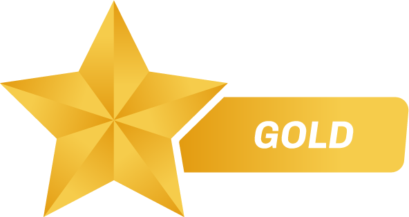 Gold colored promotional graphic with a star design and the word 'GOLD' on a banner.