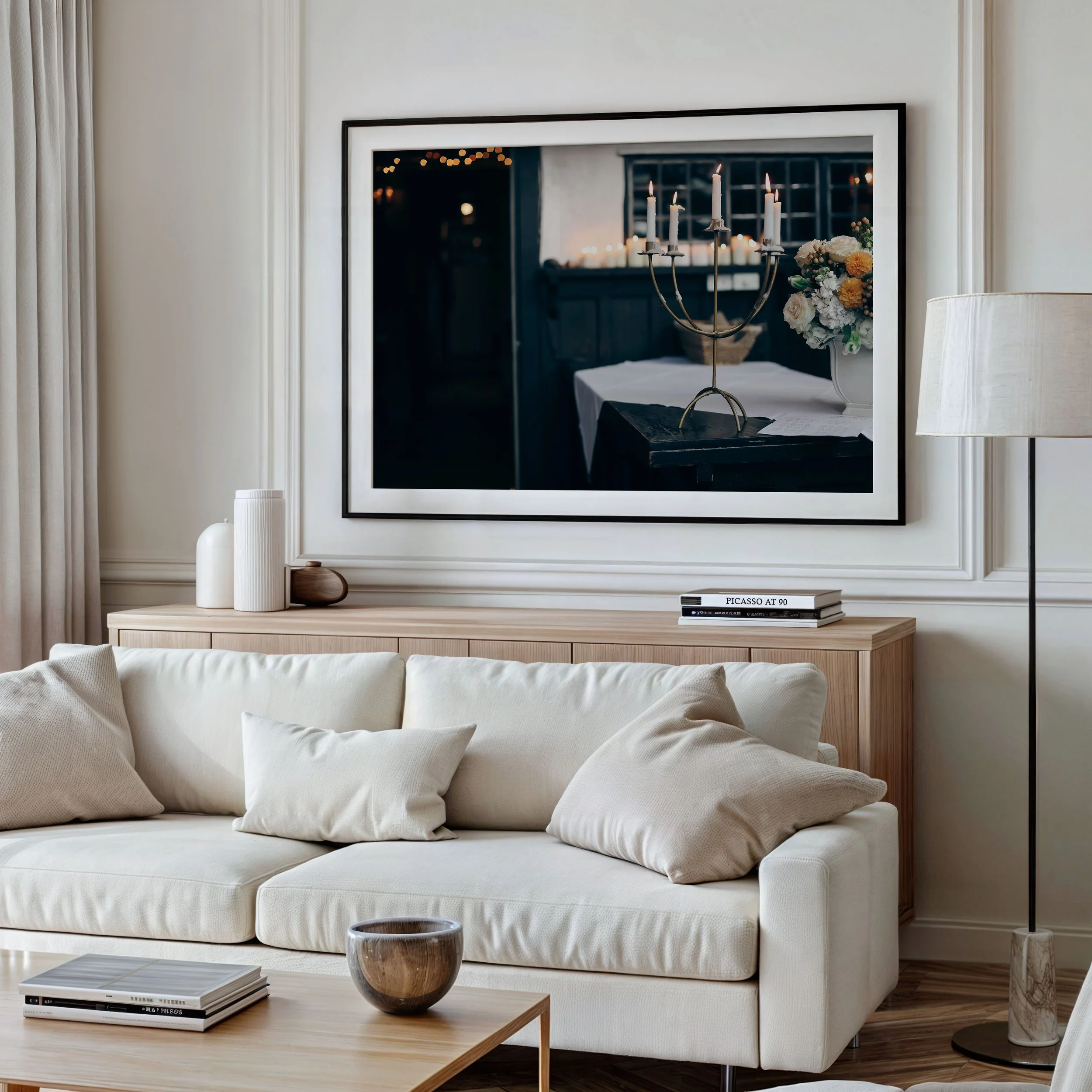 Living room with a white sofa, beige pillows, wooden coffee table with a dark bowl and books, a tall floor lamp, a wooden sideboard with decorative vases, and a framed wall art, depicting a dark interior with candles and a flower arrangement.