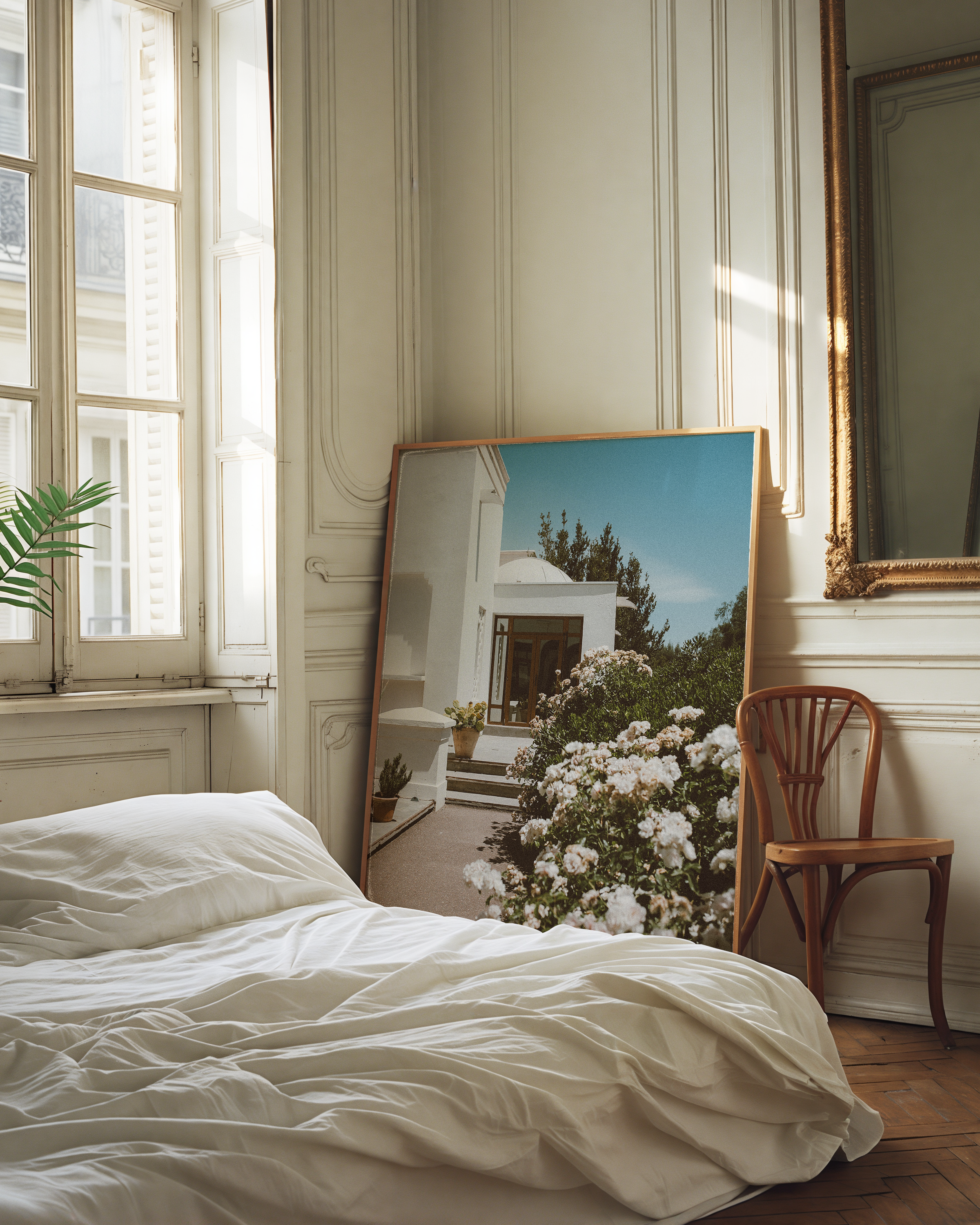 A cozy bedroom with an unmade white bed, a large window with sunlight, a wooden chair, a large framed photo leaning against the wall of a modern house and garden, and a mirror on the wall.