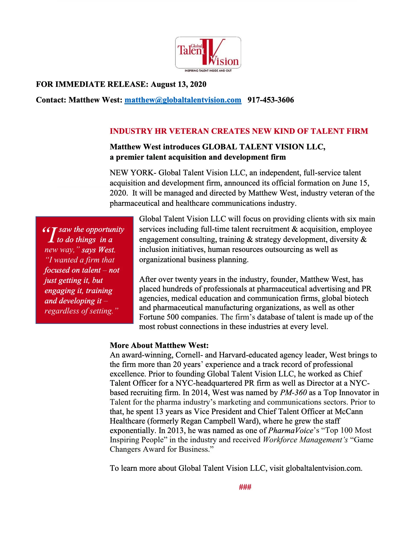 Matthew West Introduces Global Talent Vision LLC