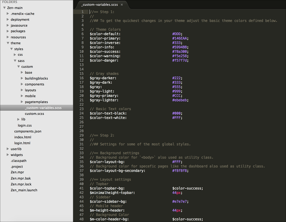  Variables file in theme directory, with folder structure in sidebar. Credit, Mendix 