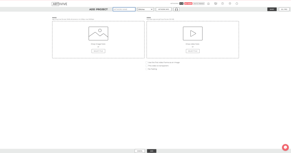  New project screen on Artivive 