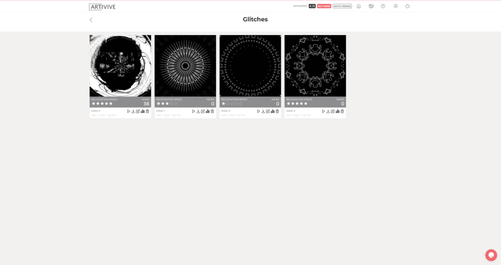  Artivive dashboard showing active projects, with metrics. 
