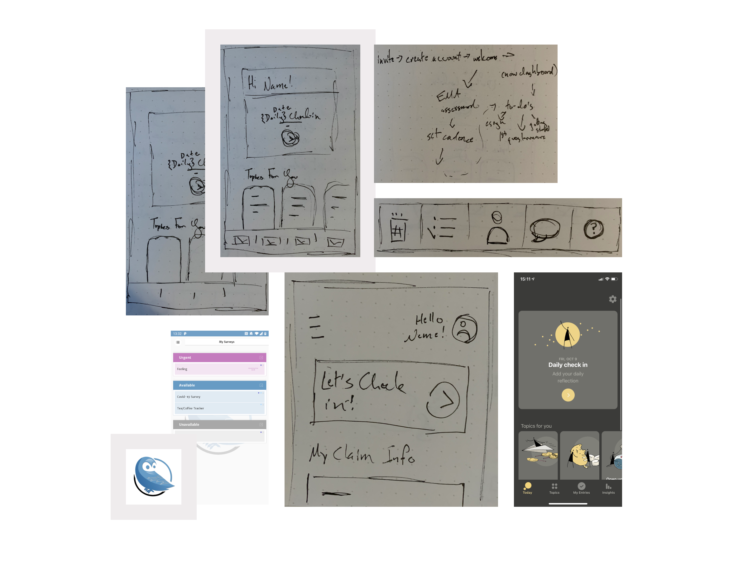   Sketches and discovery screenshots after researching mental health and related apps  